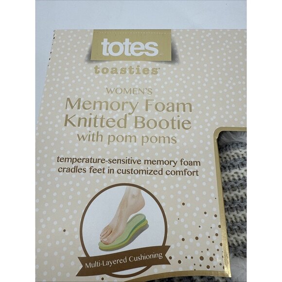 New TOTES TOASTIES Womens Size 7-8 Memory Foam Knitted Bootie Pom Poms Grey - Picture 2 of 4